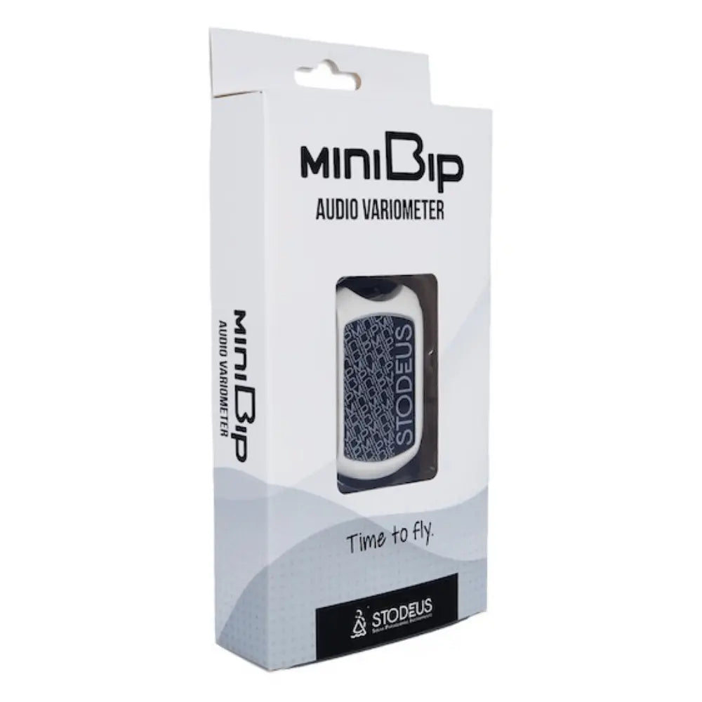 miniBip Vario, ein kleines, leichtes Audio-Vario-Gerät mit Kabel, ideal für Gleitschirmflieger. Einfach zu bedienen, perfekt für Anfänger und Hike&Fly-Abenteuer. Bild zeigt Gerät mit Verpackung