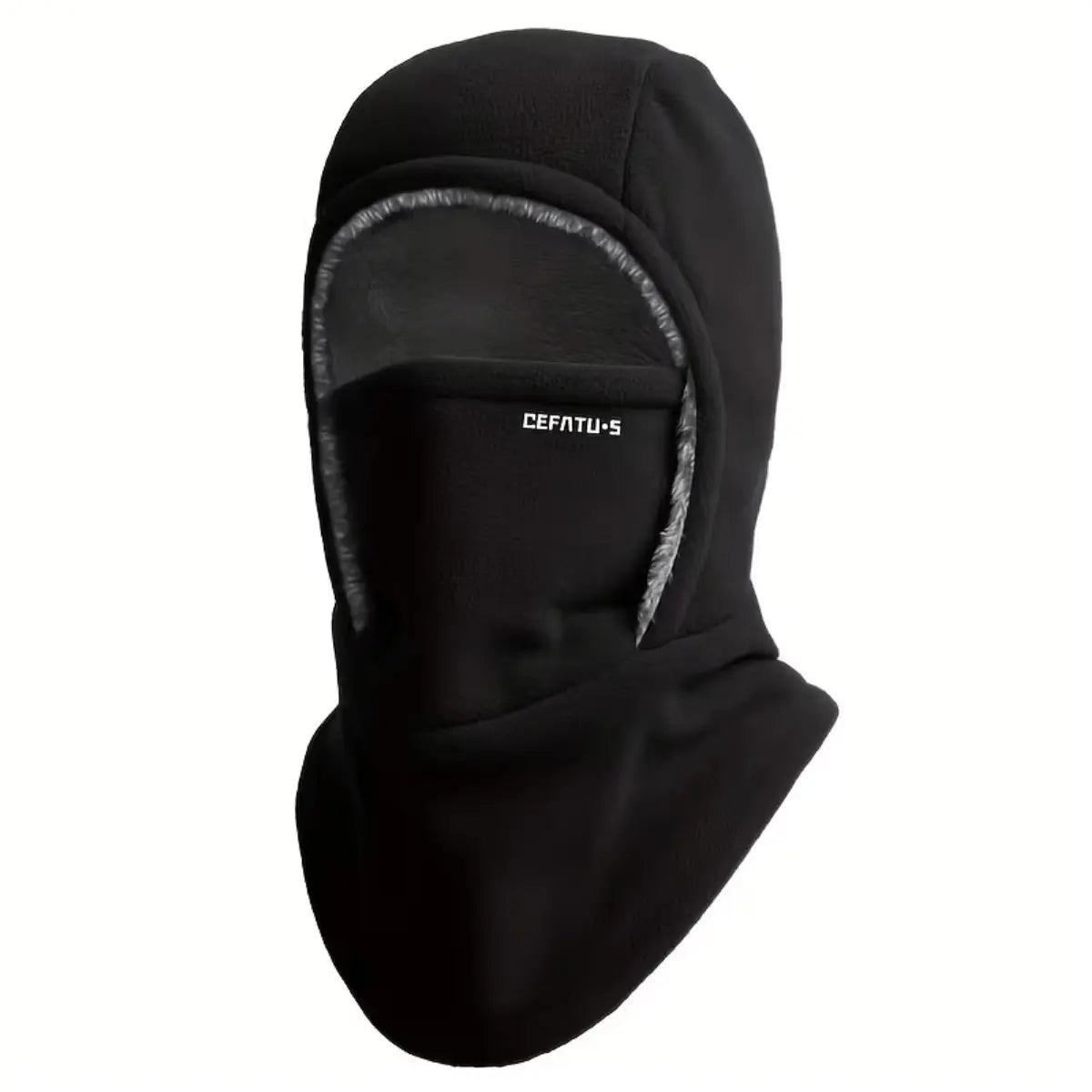 Sehr warme schwarze Sturmhaube aus Fleece mit integrierter Gesichtsmaske und weichem Innenfutter, ideal für kalte Wintertage.