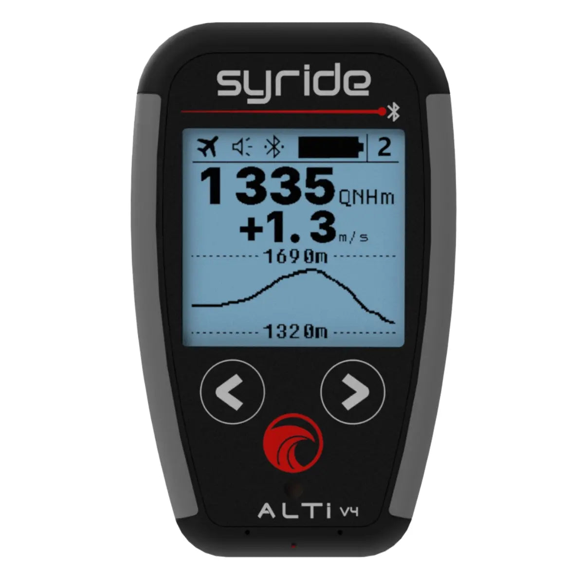 Syride Alti V4 Ultraleichtes Alti Vario: Schwarzes und graues Vario-Messgerät mit großem Display, das Höhe, Steigrate und Flugdaten anzeigt, mit Bedientasten.