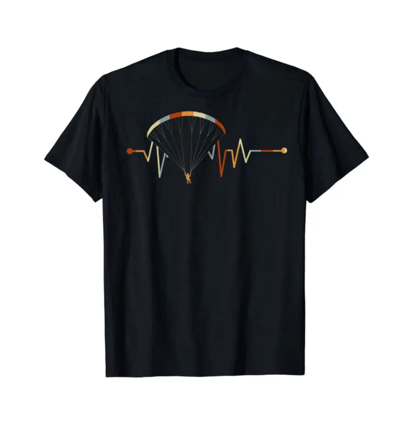 Paragliding T-Shirt Herzlinie mit Grafik eines Mannes, der einen Gleitschirm hält, ideal für Gleitschirmflieger und Fans von Paragliding24.ch.
