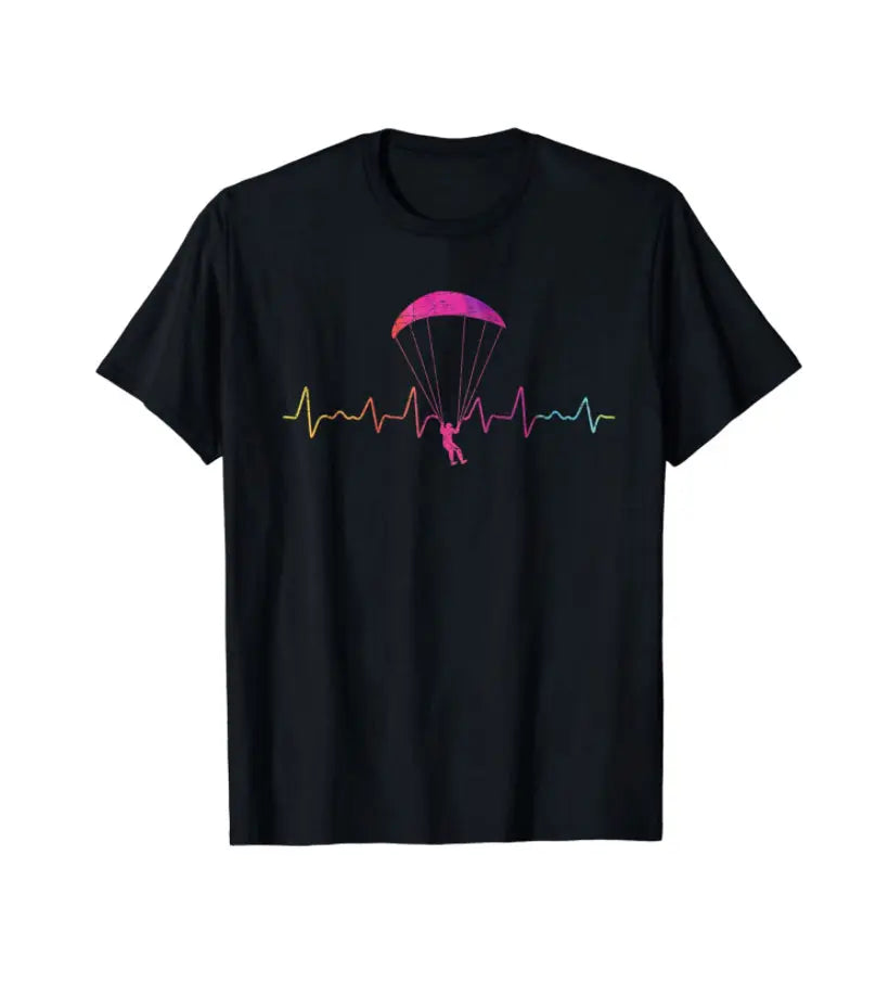 Paragliding T-Shirt Herzlinie mit Grafik eines Paragliders, ideal für Gleitschirmflieger. Perfekt für Sportler und als Geschenk für Flugenthusiasten.