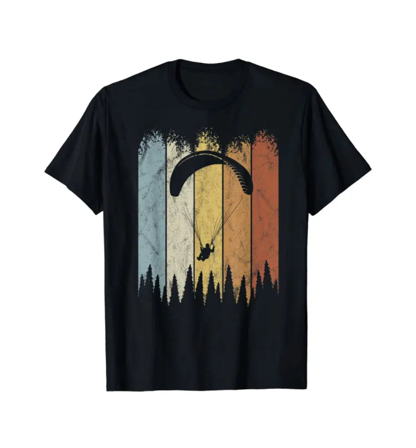Paragliding T-Shirt 80'er Retro mit Fallschirmspringer-Grafik, ideal für Gleitschirmsportler, aus 100% Baumwolle, perfekt für Paragliding-Liebhaber.
