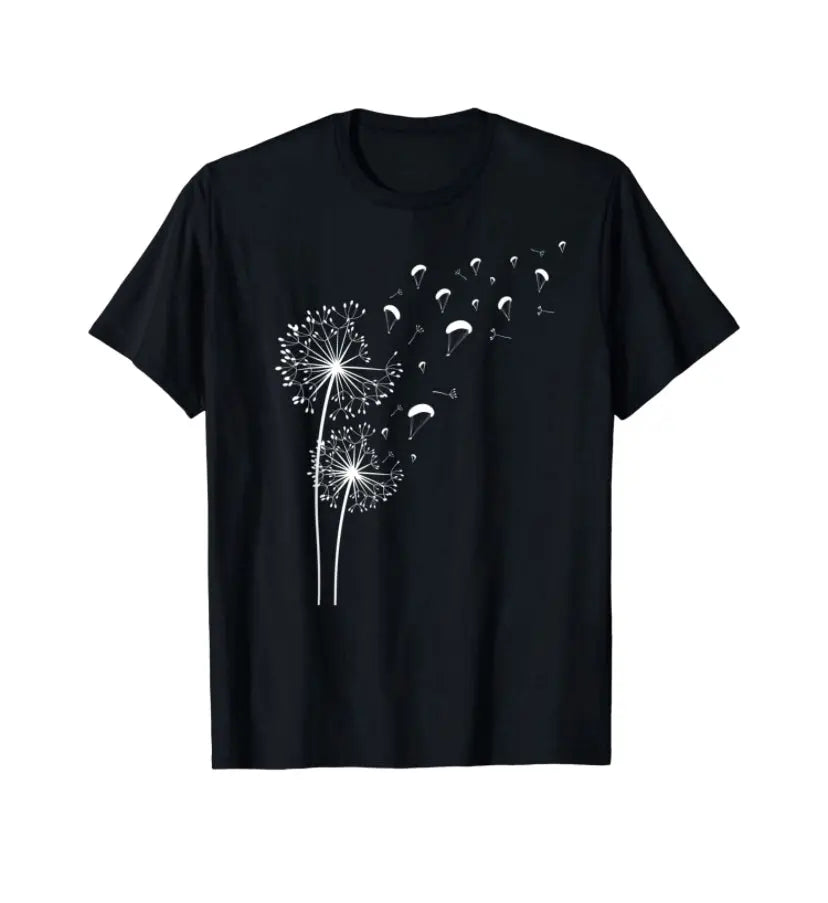 Paragliding T-Shirt Pusteblume mit einem grafischen Löwenzahn-Design, ideal für Gleitschirmflieger, aus 100% Baumwolle, klassischer Schnitt.