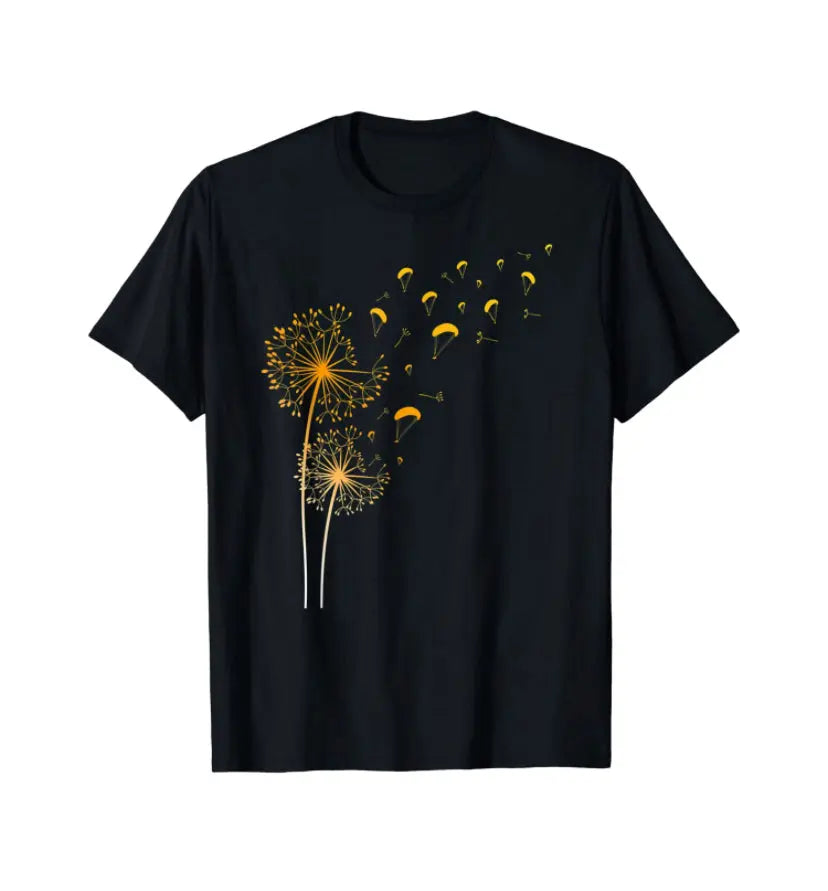 Paragliding T-Shirt Pusteblume mit gelben Löwenzahn-Motiv, ideal für Gleitschirmflieger. Perfekt für Sportbegeisterte, aus 100% Baumwolle.