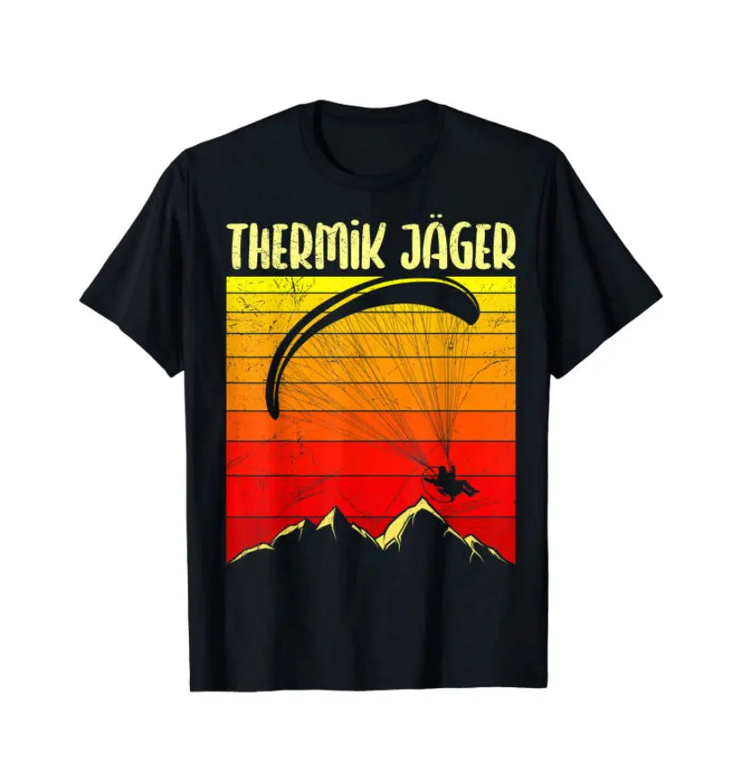 Paragliding T-Shirt Thermik Jäger mit Grafikdesign eines Mannes beim Paragliden; ideal für Gleitschirmflieger, aus 100% Baumwolle, klassisch geschnitten.