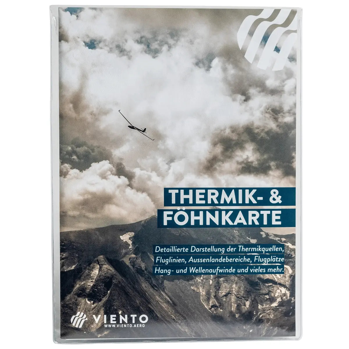 Thermik- und Föhnkarte Alpenraum mit Segelflugzeug vor Bergkulisse, detaillierte Darstellung von Thermikquellen und Fluggebieten.