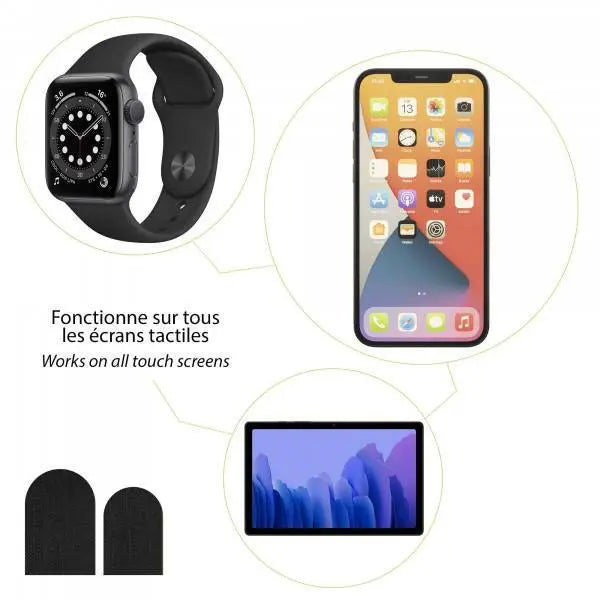 Handschuh Touch Sticker selbstklebend neben Smartphone und Smartwatch, ermöglicht Touchscreen-Bedienung mit Handschuhen, ideal für Gleitschirmaktivitäten.