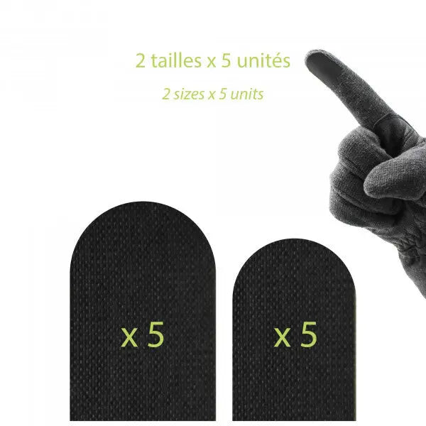 Handschuh Touch Sticker selbstklebend – ein Finger zeigt auf Handschuhe mit aufgeklebtem Sticker, der die Touchscreen-Nutzung bei Gleitschirmaktivitäten ermöglicht. Enthält 10 Sticker.