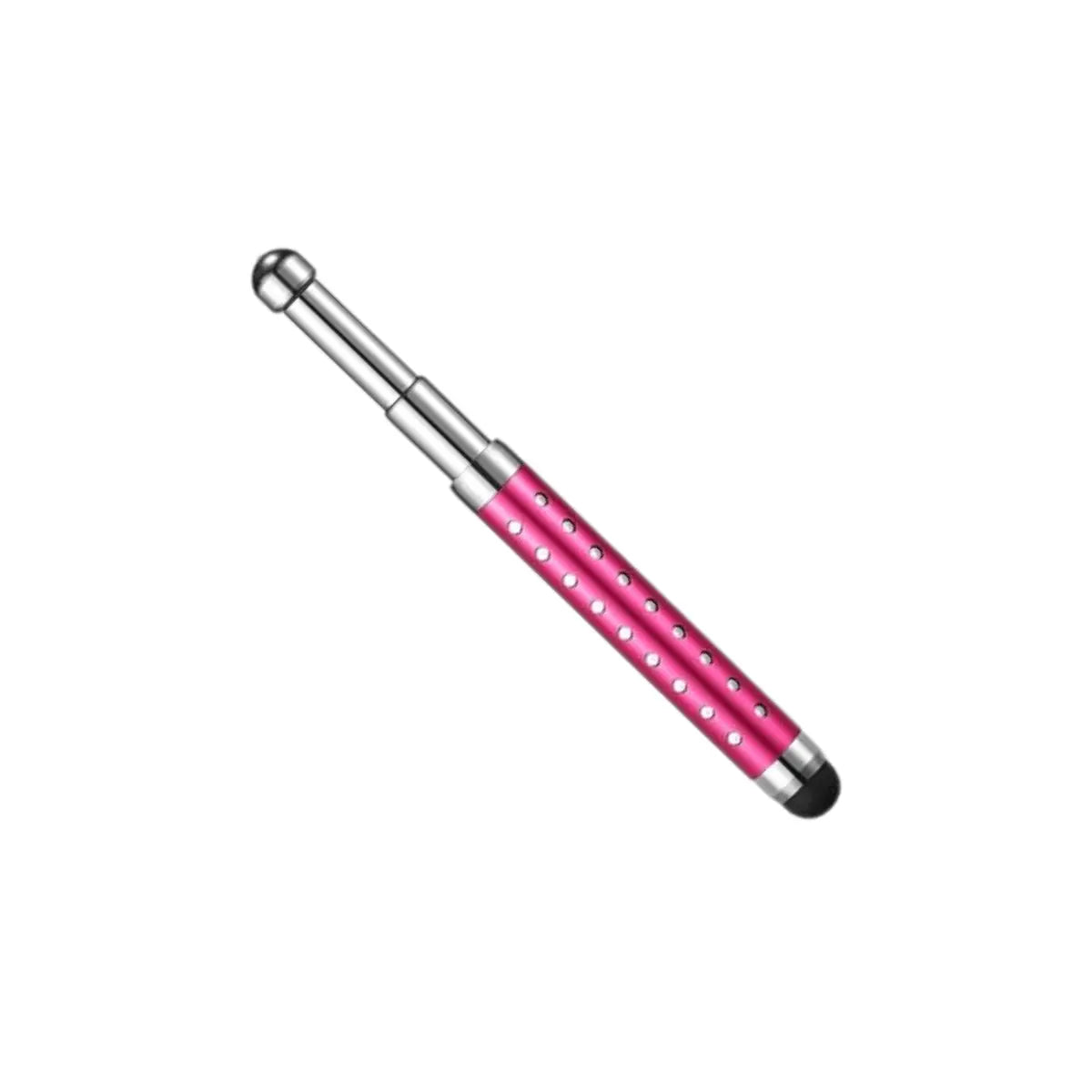 Pink touchscreen stylus with retractable metal tip and grip holes designed for cockpit use, named Touchscreen Stift fürs Cockpit - ausziehbar.