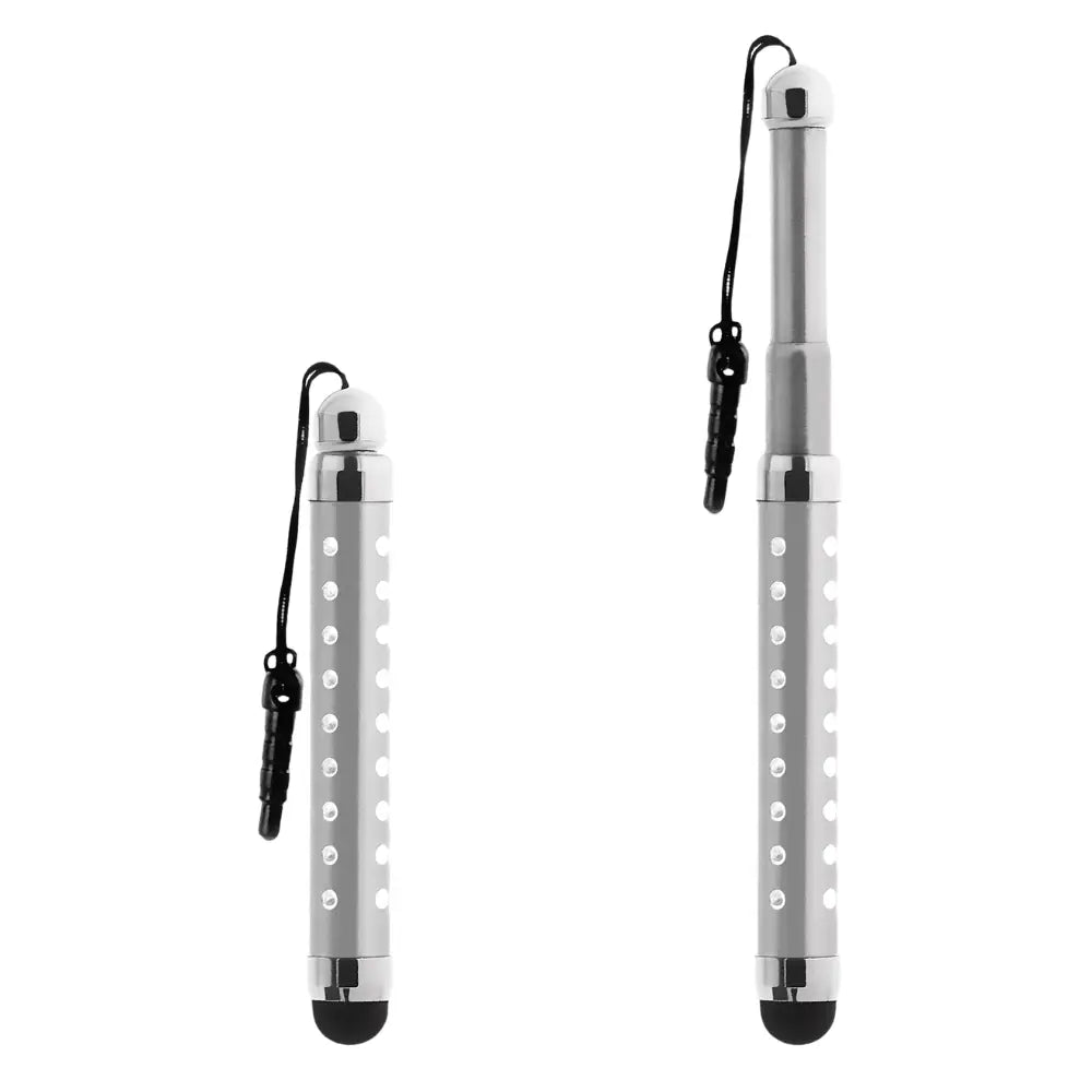 Touchscreen-Stift fürs Cockpit: Zwei silberne, ausziehbare Stylus-Stifte mit schwarzer Gummispitze und Strass-Verzierung, ideal für präzise Eingaben bei Paragleitern.