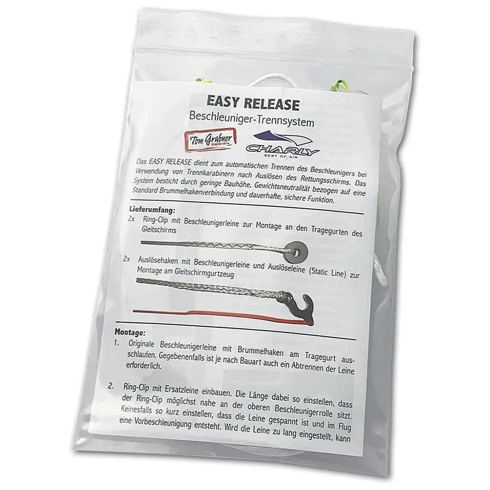 Beschleuniger-Trennsystem Easy Release (Paar) in einer weißen Plastiktüte mit Anweisungen, optimiert für sicheren Gleitschirmflug durch innovative Ring-Clip-Technologie.