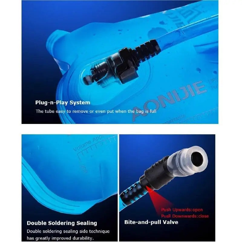 Aonijie Trinkblase TPU für 1,5l/2l/3l mit abnehmbarem Schlauch, ideal für Outdoor-Aktivitäten. Detailansicht zeigt blauen Schlauch und Tasche.
