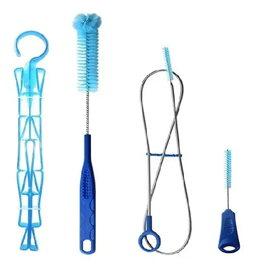 Trinkblasen Reinigungsset 4 in 1 mit blauen Bürsten, ideal zum Reinigen und Trocknen von Trinkblasen, bestehend aus Schlauchbürste, großer Bürste, kleiner Bürste, faltbarem Bügel.