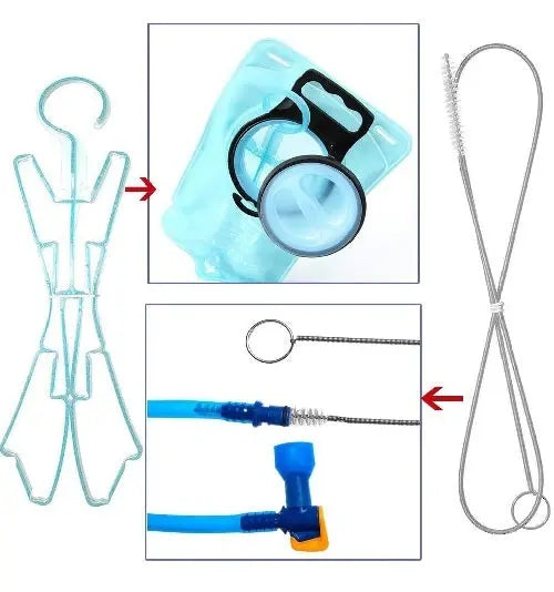 Trinkblasen Reinigungsset 4 in 1 für effiziente Reinigung: Set enthält flexible Schlauchbürste, große Bürste, kleine Bürste und faltbaren Bügel für Trinkblasen.