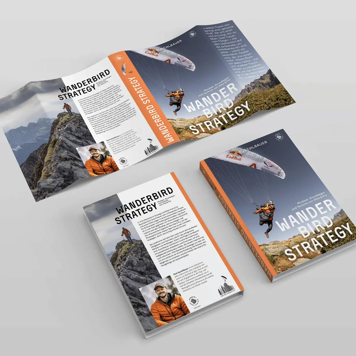 Buchcover und Begleitmaterial der Wanderbird Strategie von Paul Guschlbauer mit Bildern von Gleitschirmfliegen und Berglandschaften, Präsentation im professionellen Design.
