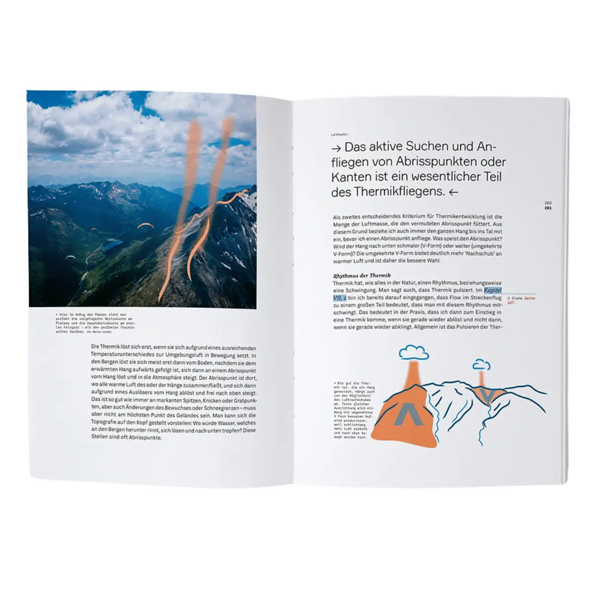 Offenes Buch mit Text, Luftaufnahme von Berglandschaft mit Gleitschirmflieger-Markierungen und erklärender Grafik, passend zur Wanderbird Strategie von Paul Guschlbauer.