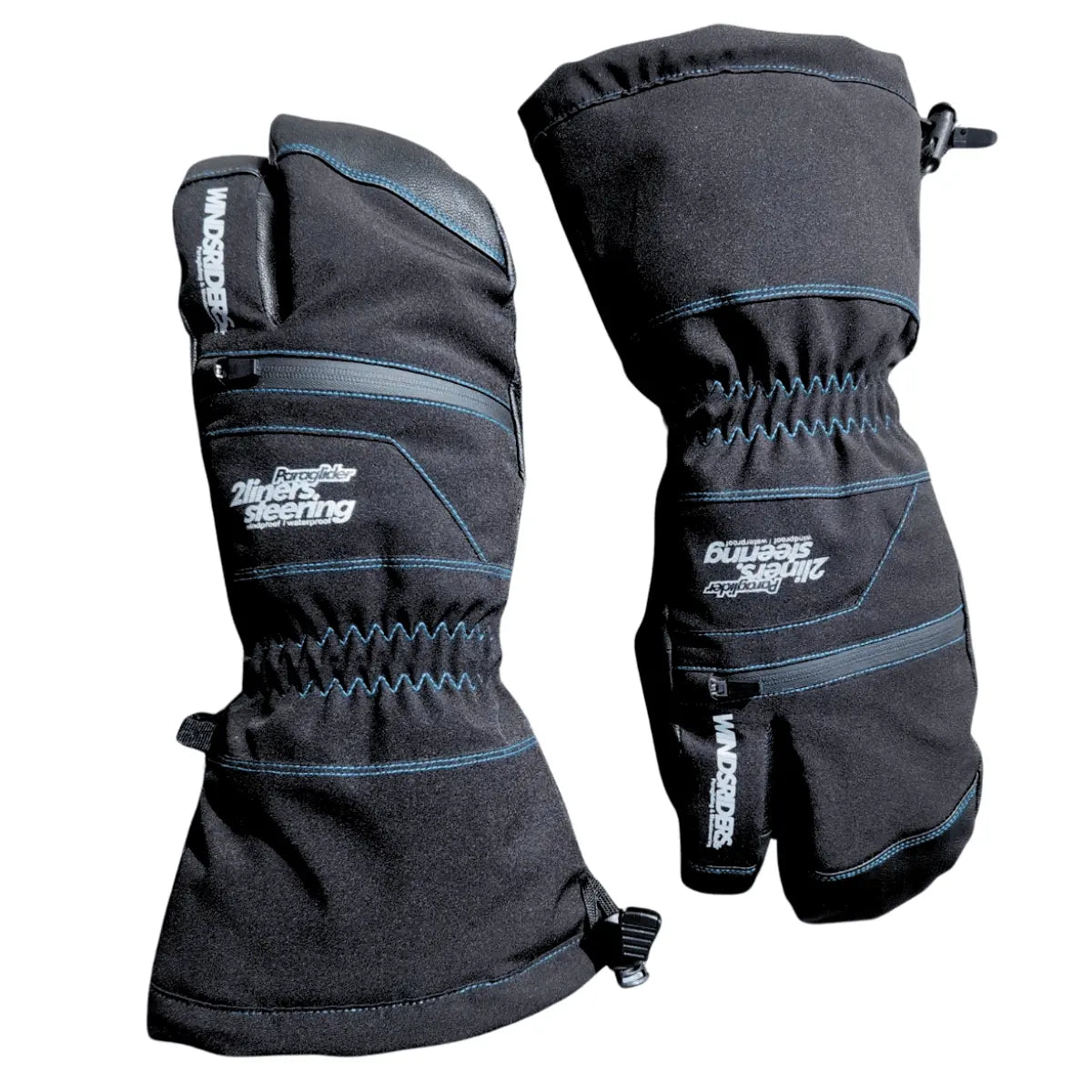 WindsRiders Handschuhe mit drei Fingern für Paragliding und Windsurfen, schwarz mit blauen Akzenten, isoliert und wasserdicht.