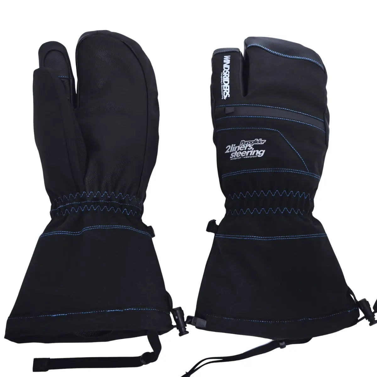 Schwarze Handschuhe für das Snowboarden, mit blauen Ziernähten und einer wasserdichten Innenauskleidung, vorne und hinten abgebildet.