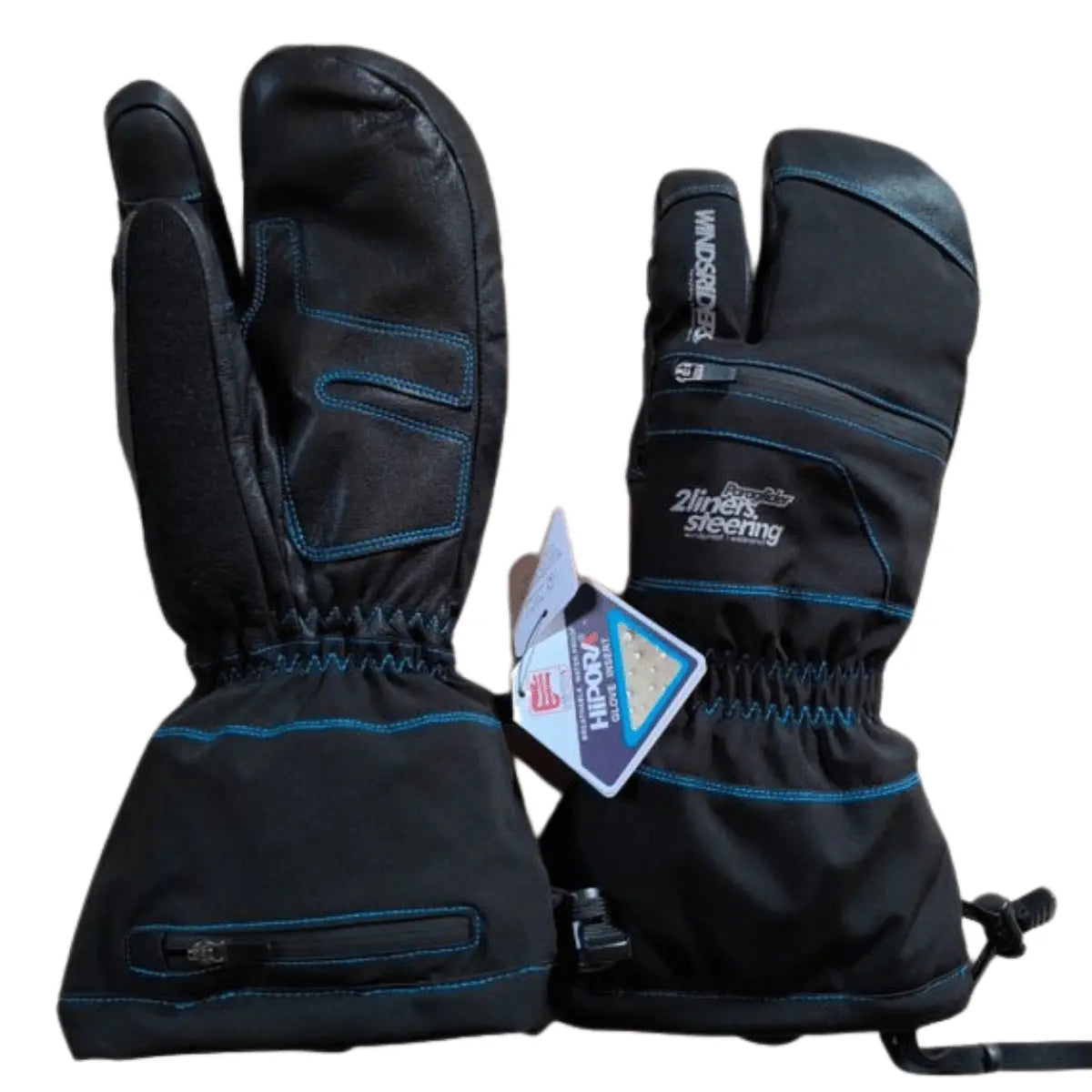 Schwarze 3-Finger-Gleitschirm Handschuhe von WindsRiders mit blauen Nähten und Reißverschlusstaschen, ideal für 2-Liner-Systeme.
