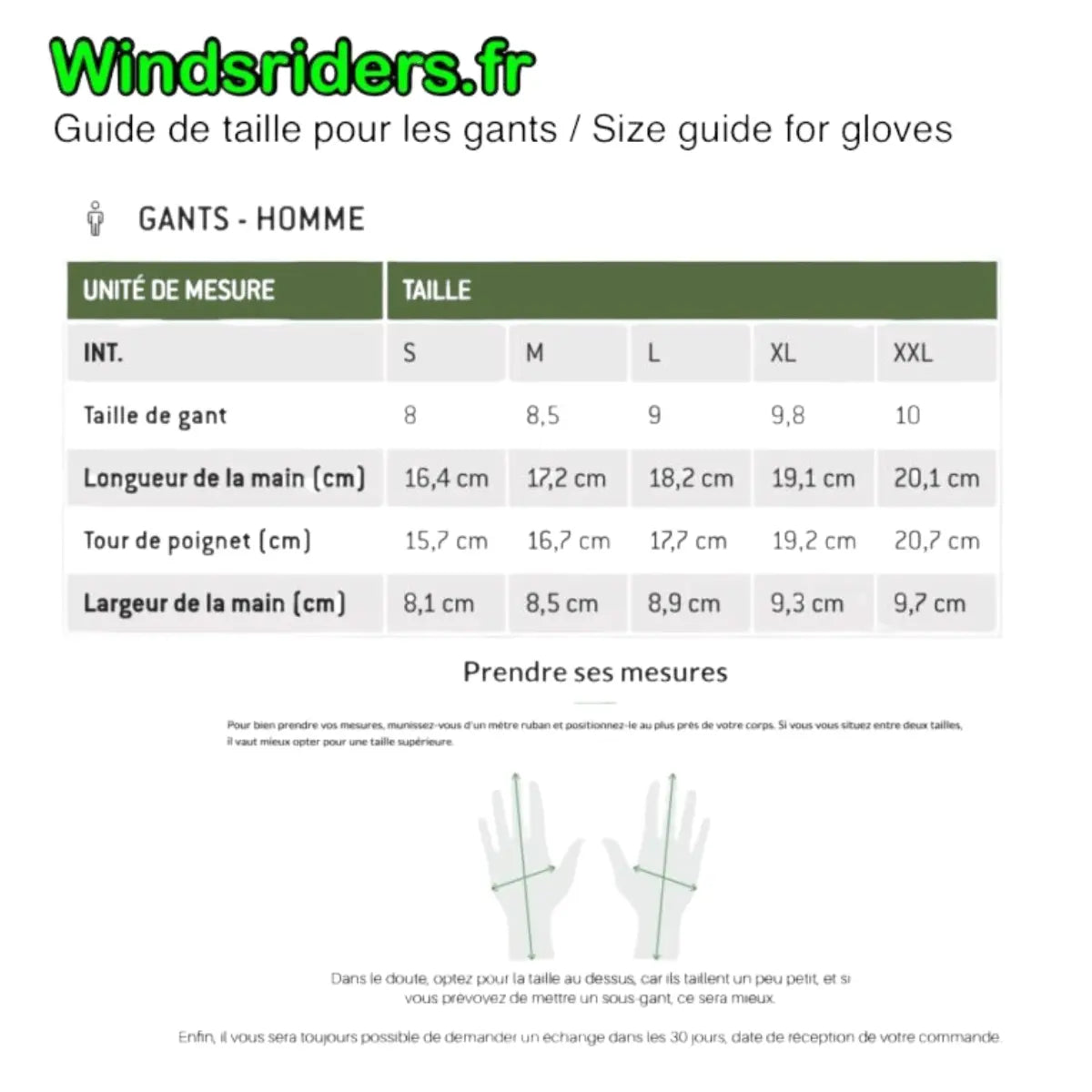 Größentabelle für WindsRiders 3-Finger-Handschuhe (für 2-Liner) mit Messanleitungen für Handumfang, Handlänge und Fingerumfang in den Größen S bis XXL.