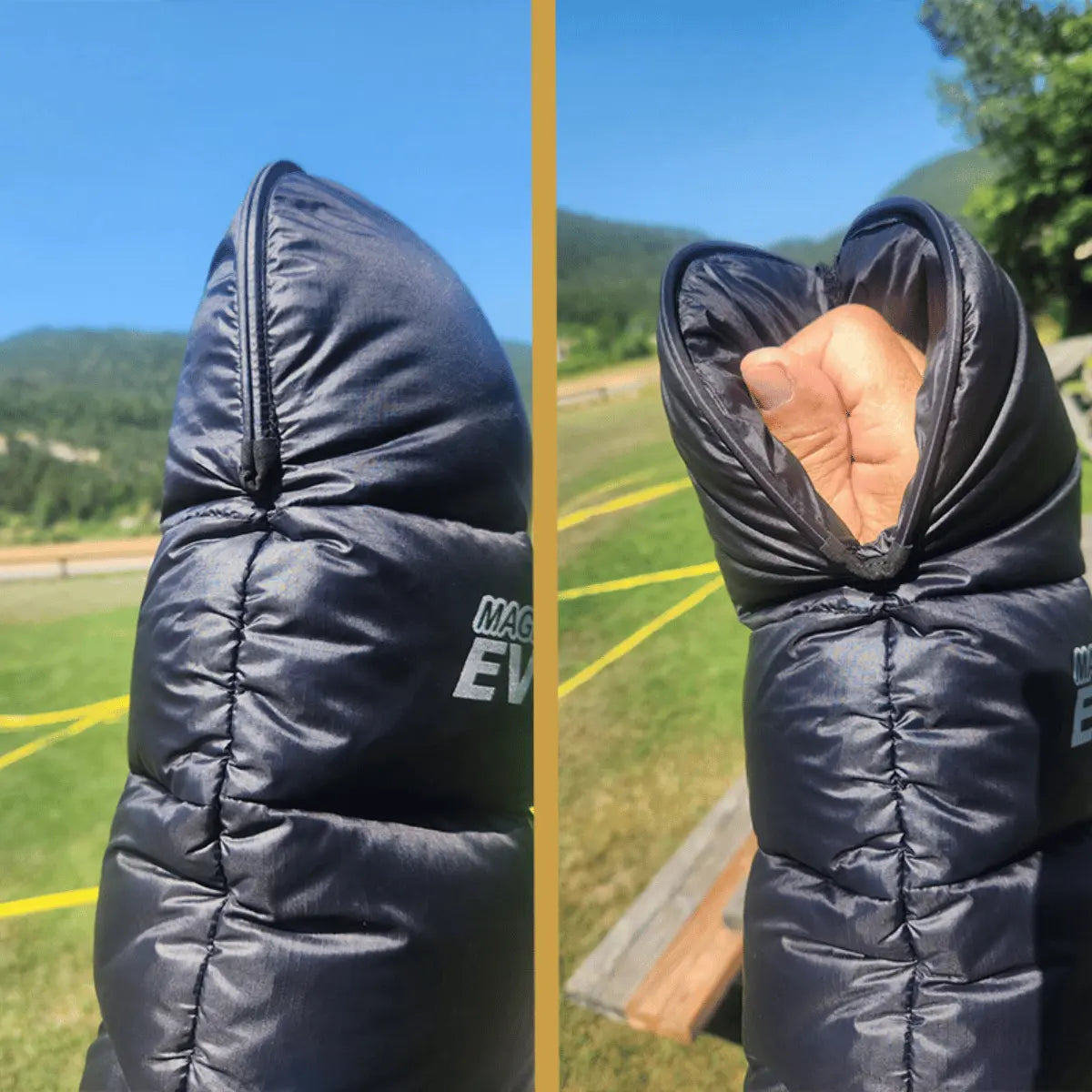 Windsriders K2 Magnet Muffles: Schwarze, mit Daunen gefüllte warm sleeves mit magnetischer Öffnung für einfachen Zugang, ideal für Outdoor-Aktivitäten im Freien.