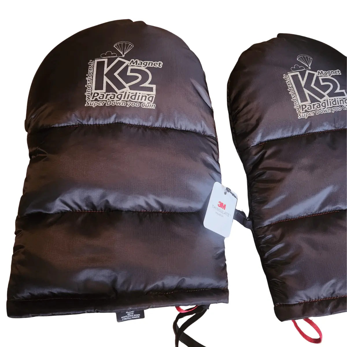 Windsriders K2 Magnet Muffles aus schwarzem, und mit Daunen gefülltem Stoff mit 3M Thinsulate-Isolierung und Paragliding-Logo, perfekt für kalte Tage