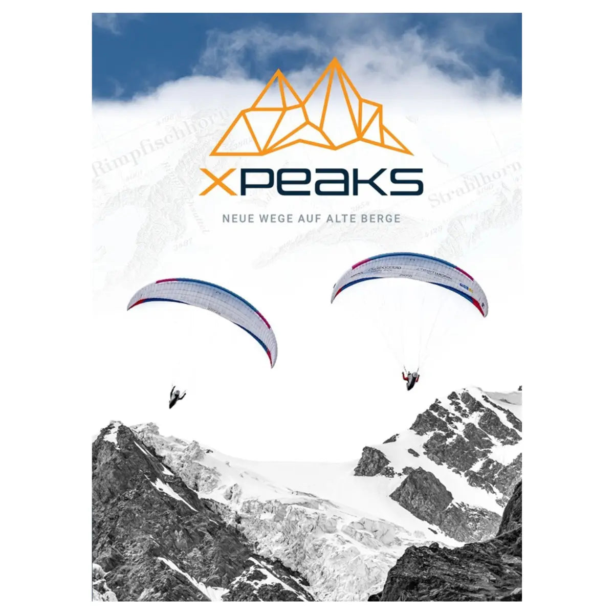 Zwei Gleitschirme mit Piloten, die über einer verschneiten Berglandschaft schweben, mit dem XPeaks-Logo und dem Slogan "Neue Wege auf alte Berge!" im oberen Bereich.