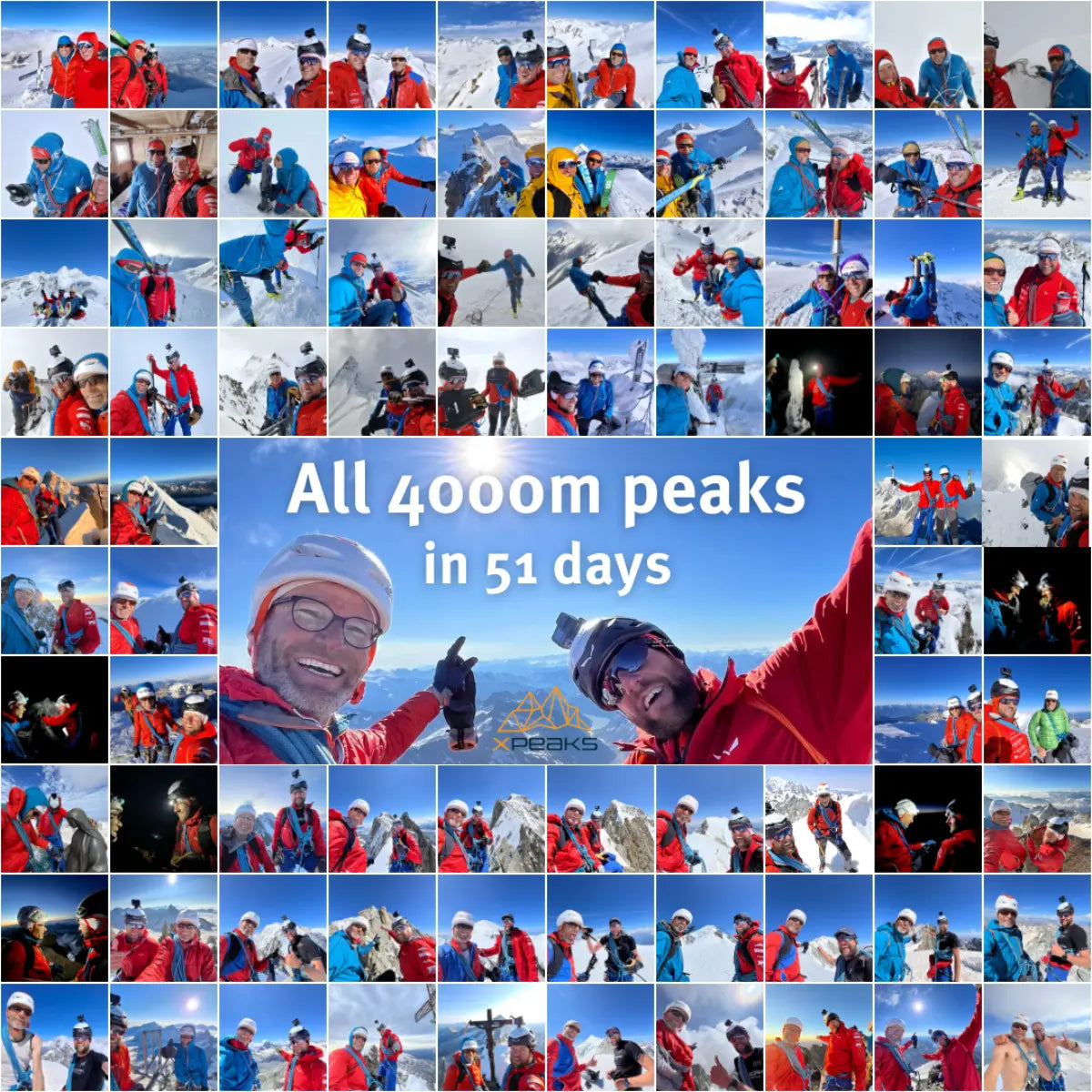 Collage von Bergsteigern vor verschiedenen Gipfeln, mit dem Text "XPeaks - Neue Wege auf alte Berge! Alle 4000m Peaks in 51 Tagen".