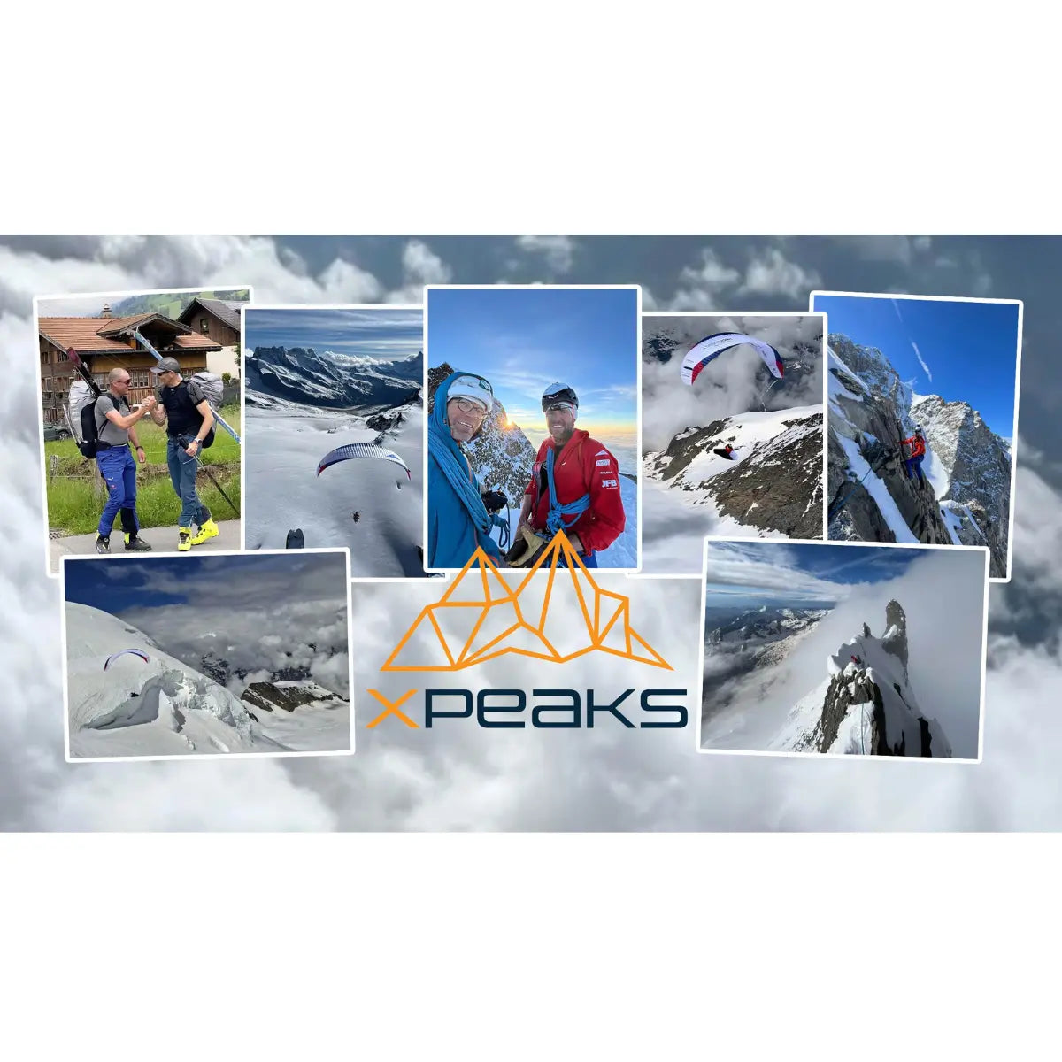 Collage mit Bergsteigern, Gleitschirmfliegern und dem XPeaks Logo, das Abenteuer und neue Wege auf Berge zeigt.