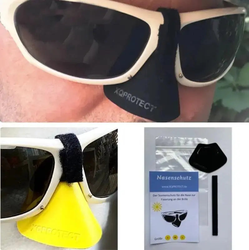 Nasen Sonnen- und Kälteschutz für Brillen, Nahaufnahme eines robusten, anpassbaren Schutzelements für optimalen Sonnenschutz beim Fliegen oder Outdoor-Aktivitäten.