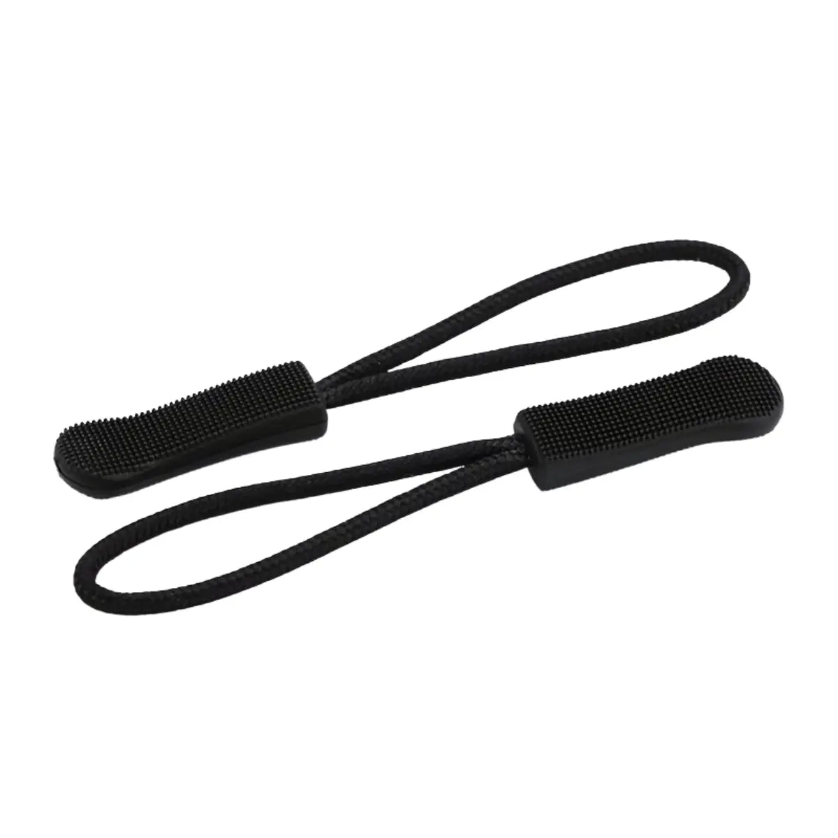 Zwei schwarze Reißverschlussanhänger mit Schlaufe und geripptem Griff, ideal als Zipper-Verlängerung für Kleidung und Taschen.